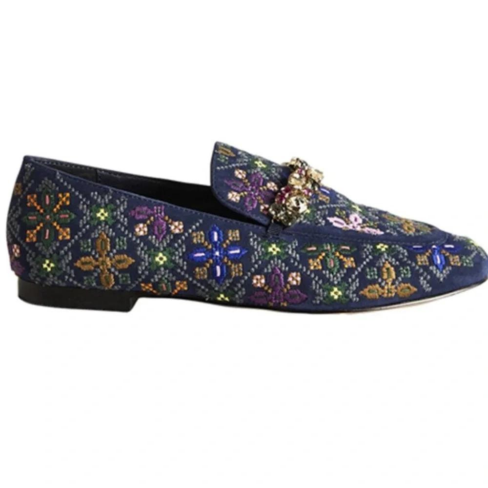 Boden navy embroidered embellished trim suede loafer size EU 37 US 6